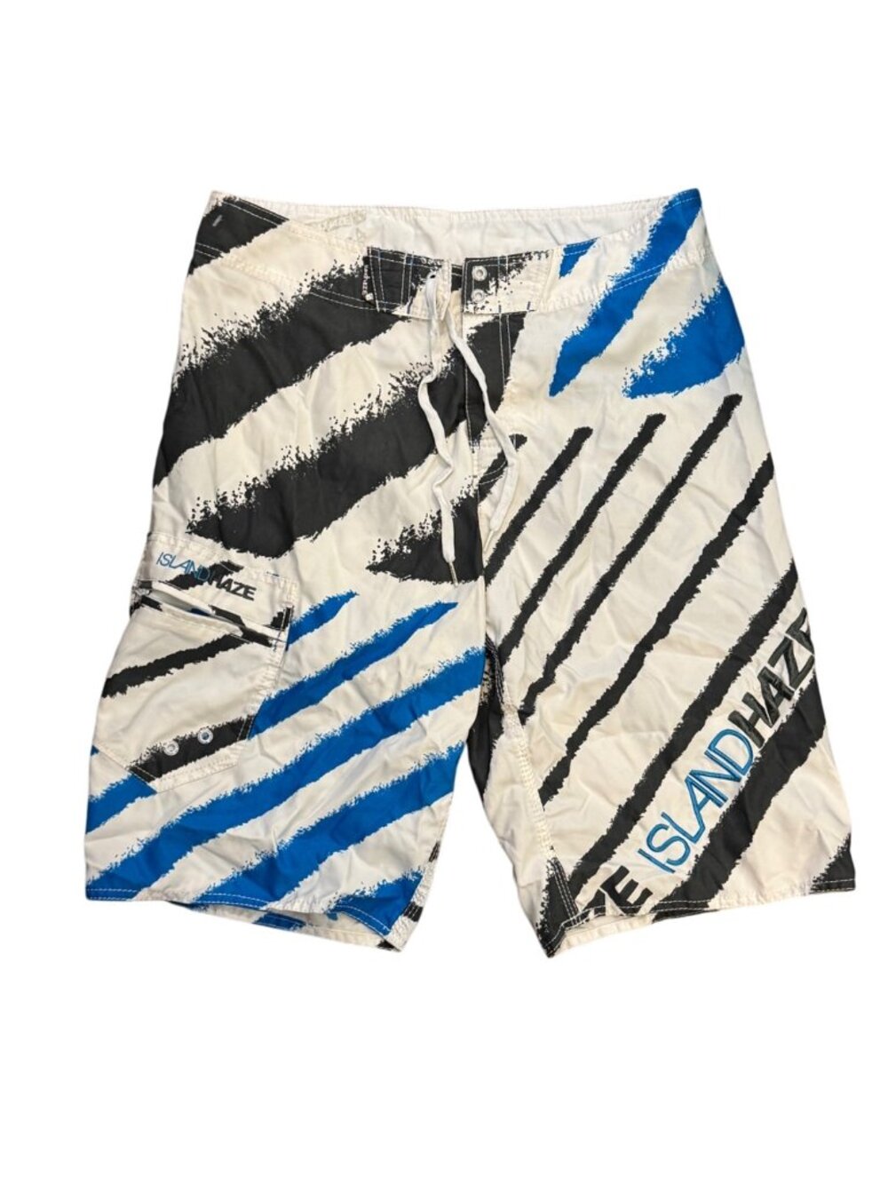 Vintage Island Haze Mens Swim Trunks Large Black/Blue/White Striped Polyester Bo